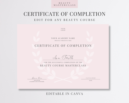 Editable Certificate of Completion Template | Canva Certificate for Beauty Training Academies