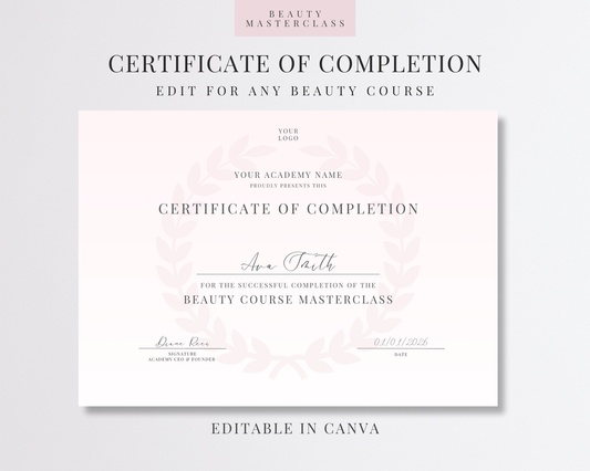 Editable Certificate of Completion Template | Canva Certificate for Beauty Training Academies