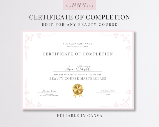 Editable Certificate of Completion Template | Canva Certificate for Beauty Training Academies