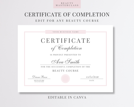 Editable Certificate of Completion Template | Canva Certificate for Beauty Training Academies