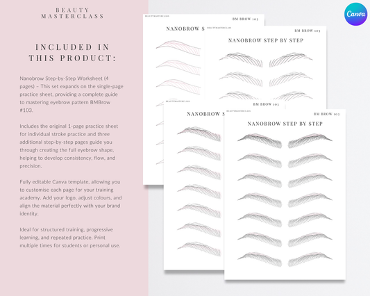 BMBrow#103 Nanobrow Stroke Pattern Step by Step Practice Worksheets | Editable SPMU Brow Training