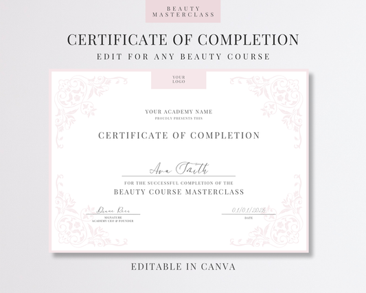 Editable Certificate of Completion Template | Canva Certificate for Beauty Training Academies