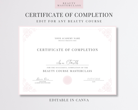 Editable Certificate of Completion Template | Canva Certificate for Beauty Training Academies
