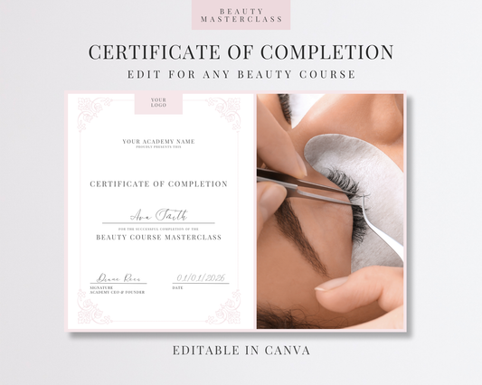 Editable Certificate of Completion Template | Canva Certificate for Beauty Training Academies