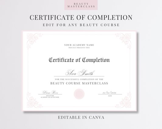Editable Certificate of Completion Template | Canva Certificate for Beauty Training Academies