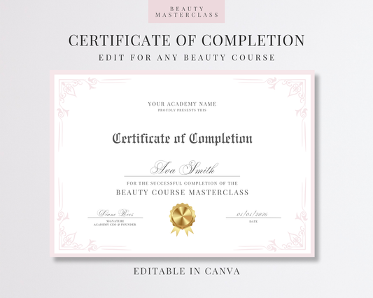 Editable Certificate of Completion Template | Canva Certificate for Beauty Training Academies