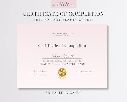 Editable Certificate of Completion Template | Canva Certificate for Beauty Training Academies