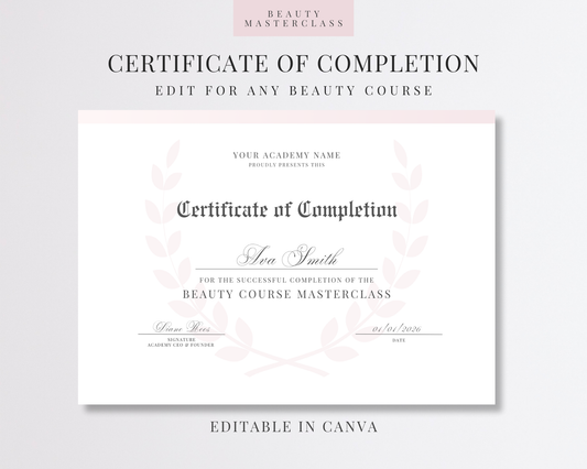Editable Certificate of Completion Template | Canva Certificate for Beauty Training Academies