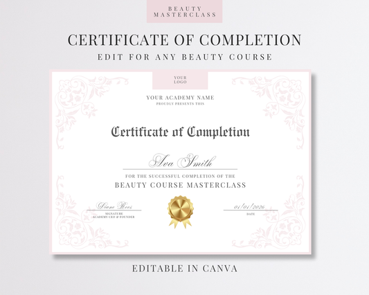 Editable Certificate of Completion Template | Canva Certificate for Beauty Training Academies