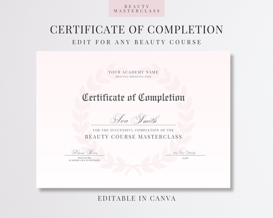 Editable Certificate of Completion Template | Canva Certificate for Beauty Training Academies