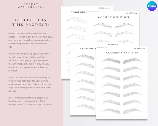 BMBrow#104 Nanobrow Stroke Pattern Step by Step Practice Worksheets | Editable SPMU Brow Training