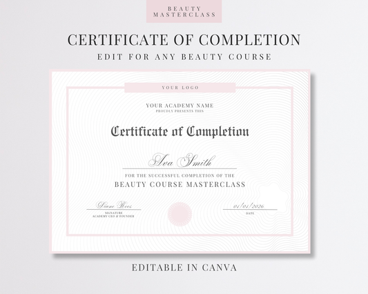 Editable Certificate of Completion Template | Canva Certificate for Beauty Training Academies