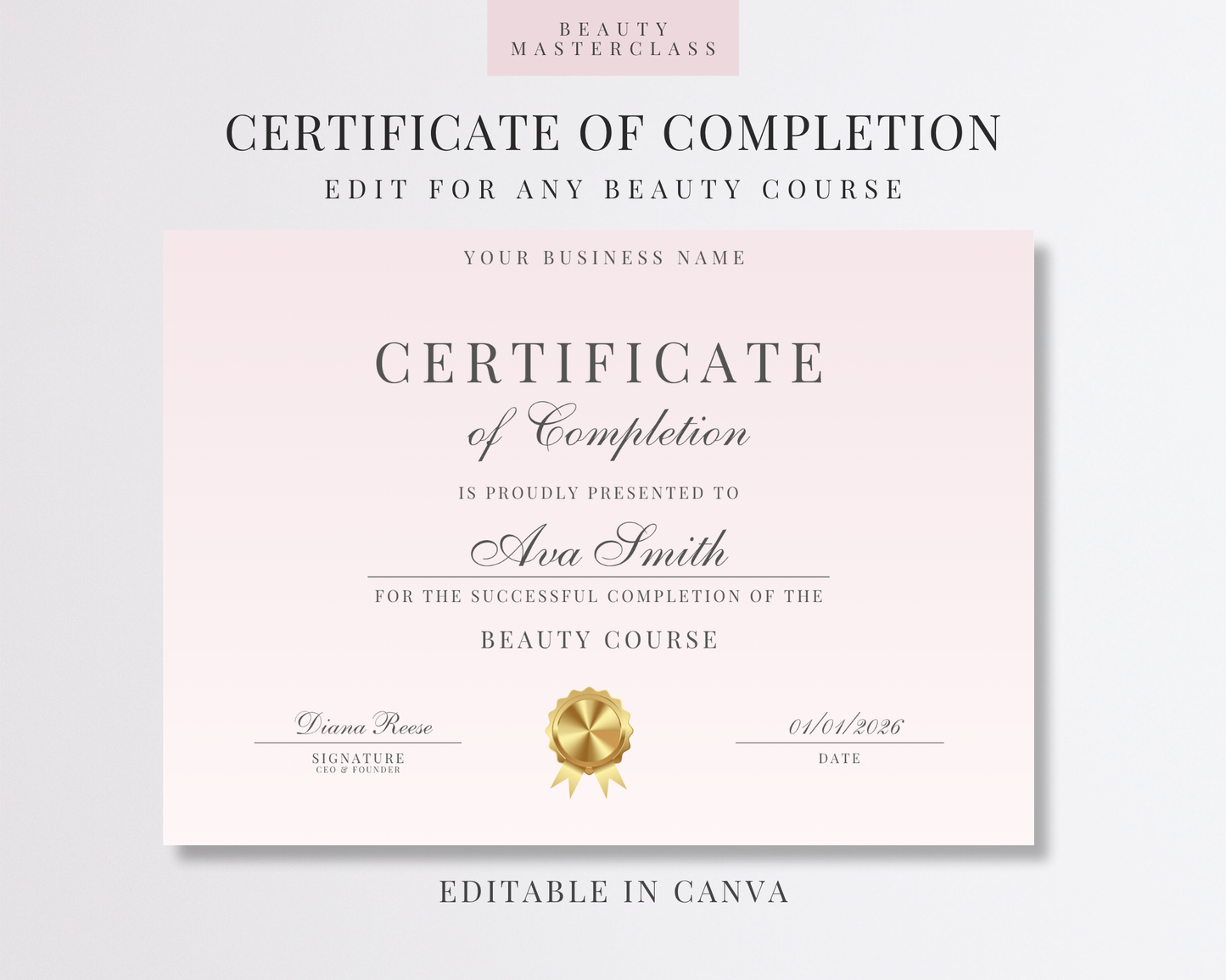 Editable Certificate of Completion Template | Canva Certificate for Beauty Training Academies