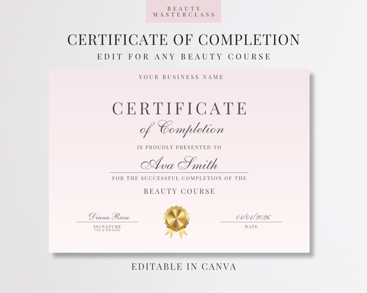 Editable Certificate of Completion Template | Canva Certificate for Beauty Training Academies