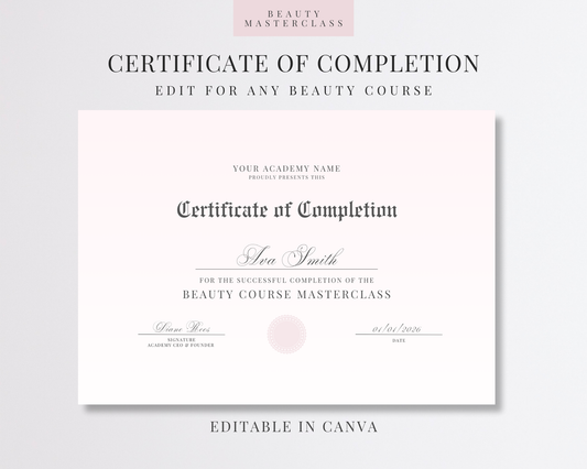 Editable Certificate of Completion Template | Canva Certificate for Beauty Training Academies