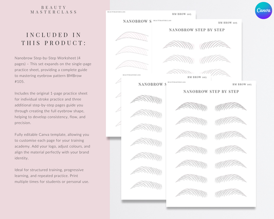 BMBrow#105 Nanobrow Stroke Pattern Step by Step Practice Worksheets | Editable SPMU Brow Training