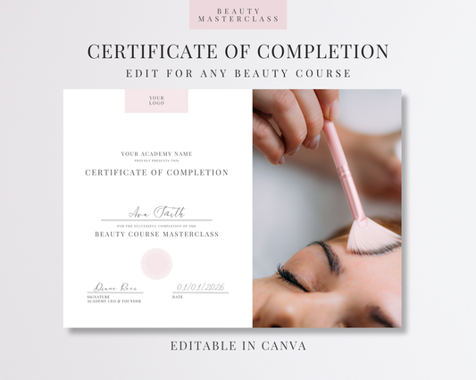 Editable Certificate of Completion Template | Canva Certificate for Beauty Training Academies