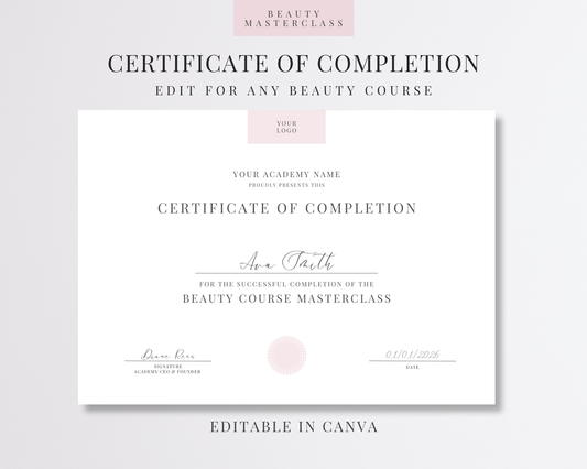 Editable Certificate of Completion Template | Canva Certificate for Beauty Training Academies