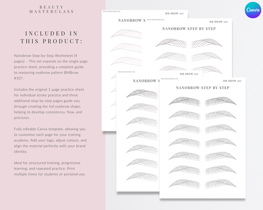 BMBrow#107 Nanobrow Stroke Pattern Step by Step Practice Worksheets | Editable SPMU Brow Training