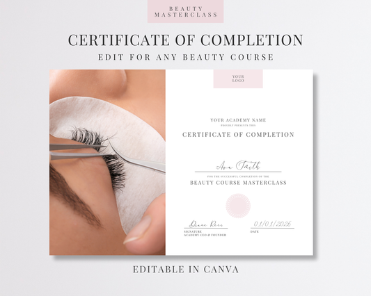 Editable Certificate of Completion Template | Canva Certificate for Beauty Training Academies