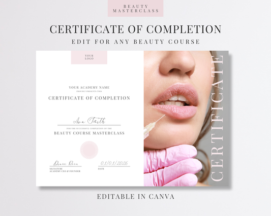 Editable Certificate of Completion Template | Canva Certificate for Beauty Training Academies