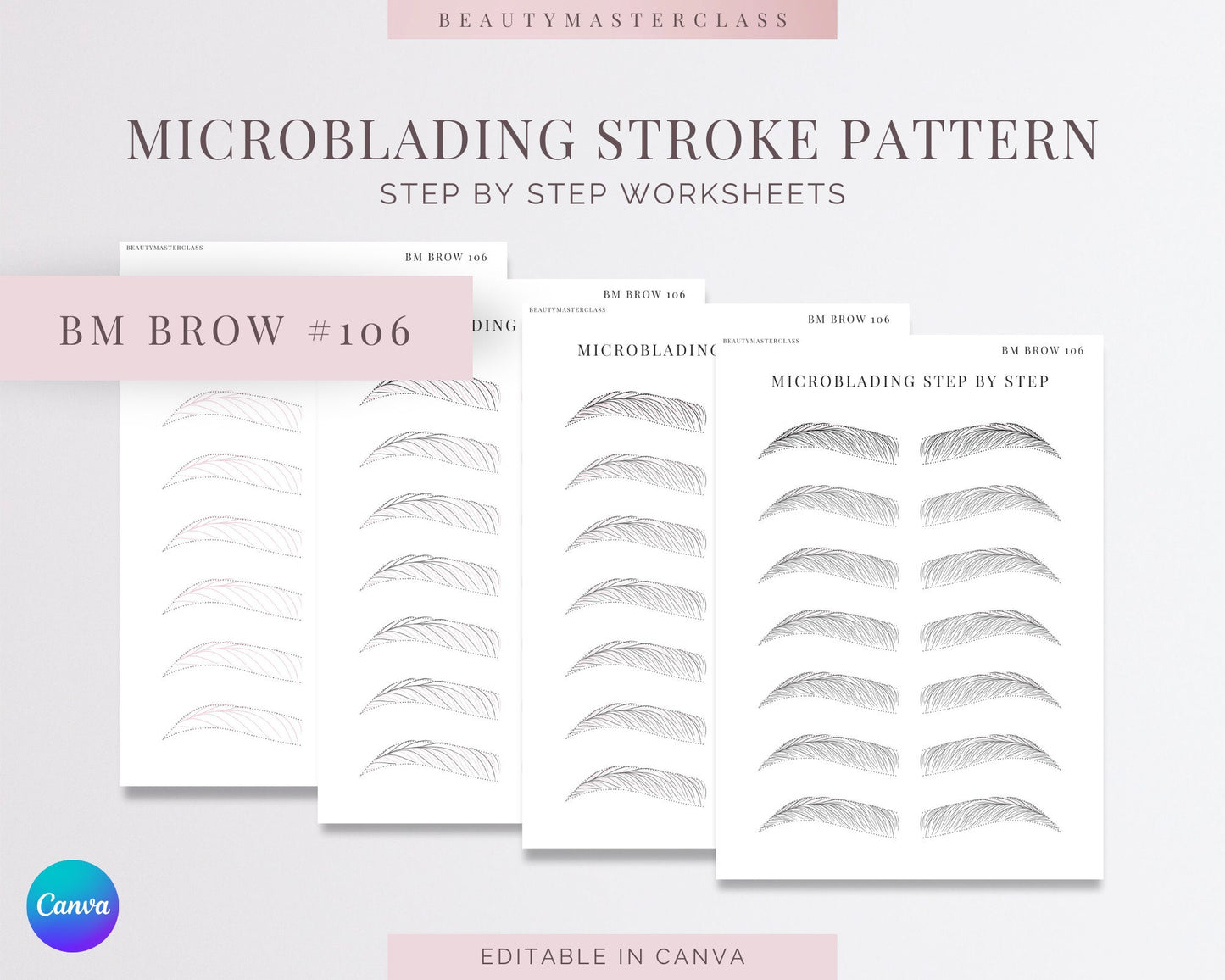 BMBrow#106 Microblading Stroke Pattern Step by Step Practice Worksheets | Editable SPMU Brow Training