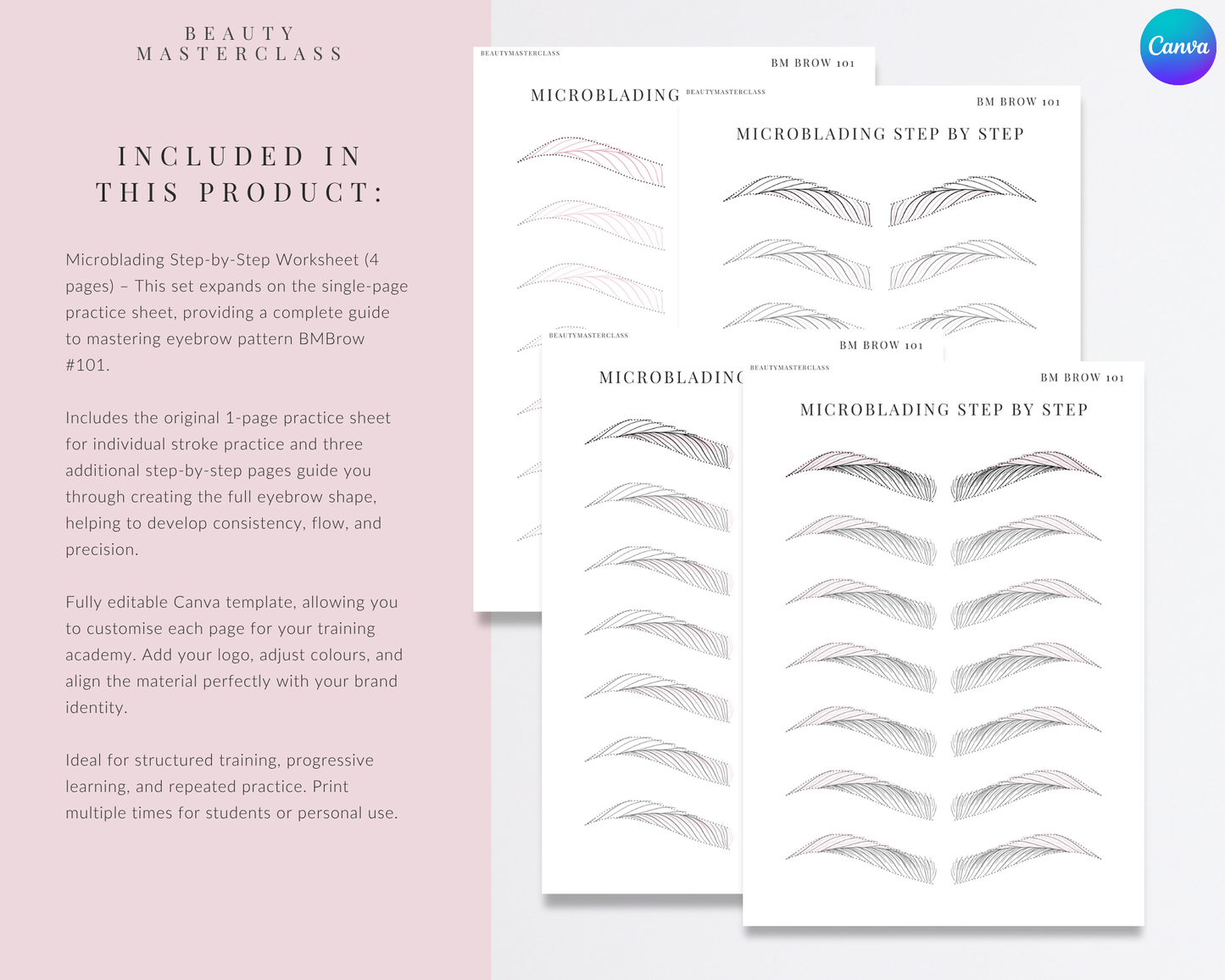 BMBrow#101 Microblading Stroke Pattern Step by Step Practice Worksheets | Editable SPMU Brow Training