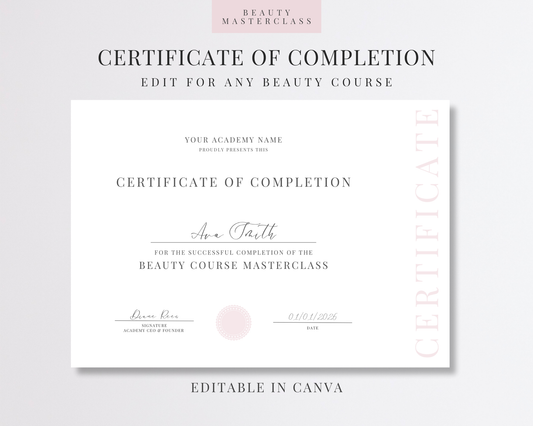 Editable Certificate of Completion Template | Canva Certificate for Beauty Training Academies
