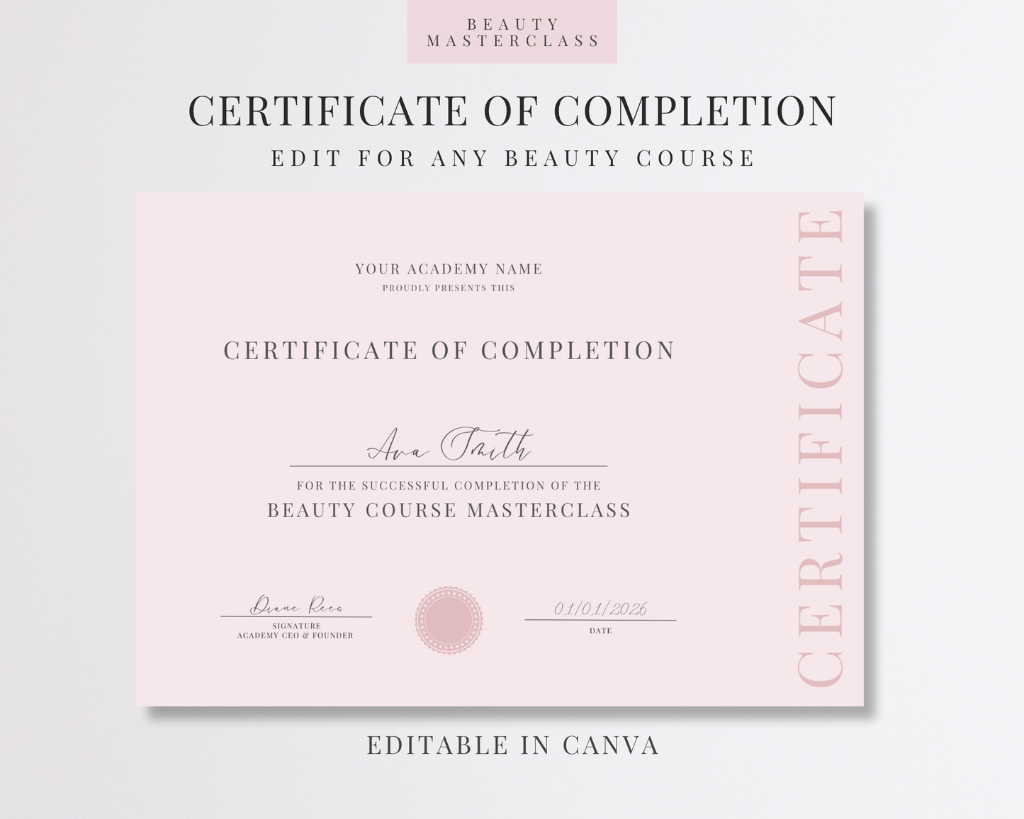 Editable Certificate of Completion Template | Canva Certificate for Beauty Training Academies