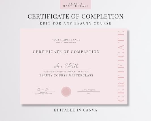 Editable Certificate of Completion Template | Canva Certificate for Beauty Training Academies