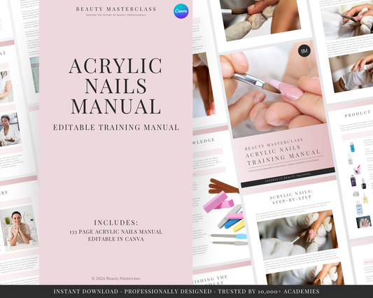 Promotional graphic for an editable training manual titled 'Acrylic Nails Manual' from Beauty Masterclass. The design features a large pale pink cover panel with black serif text, surrounded by layered preview pages showing nail art photos, product photos, and layout examples.