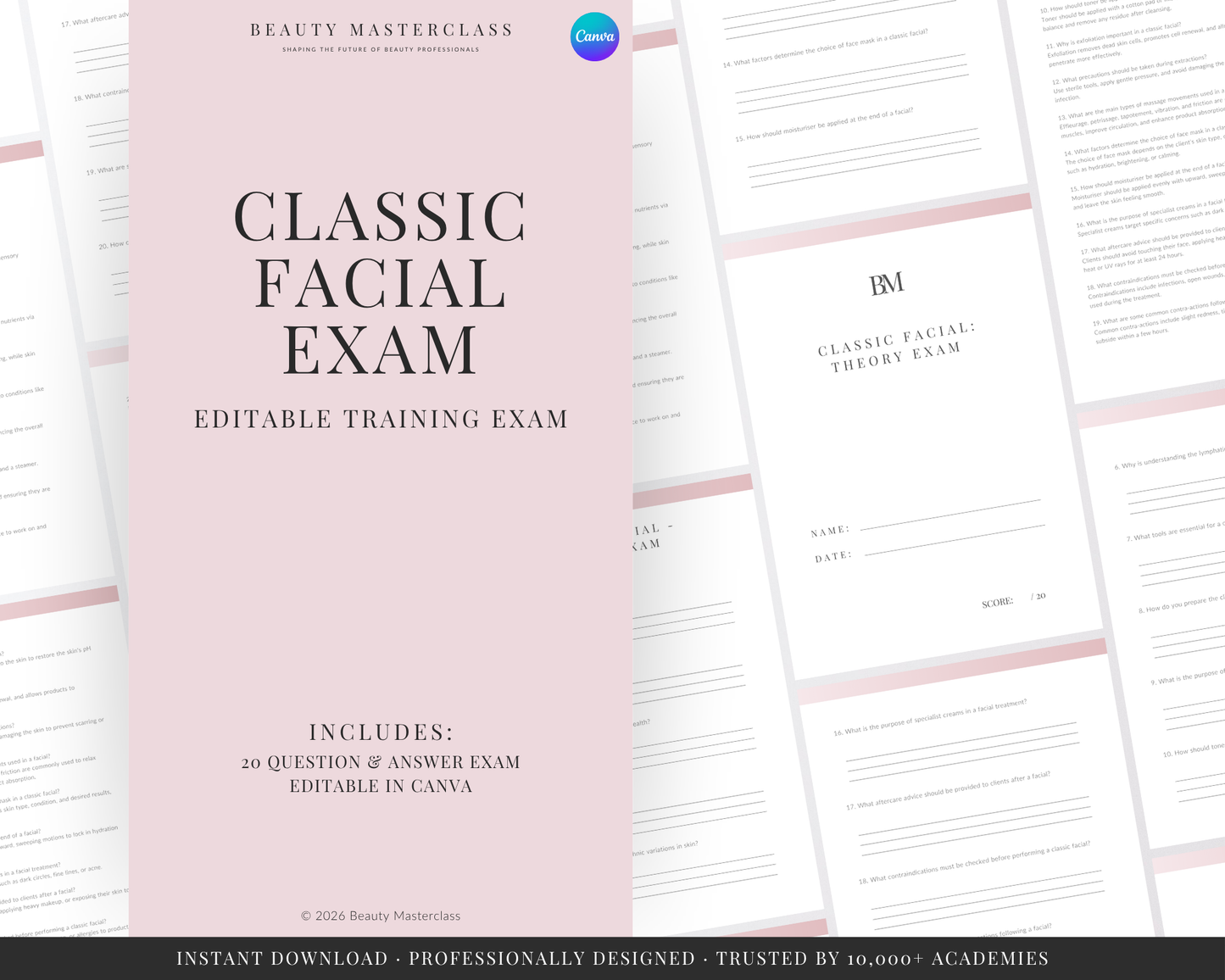 Promotional graphic for a digital Canva template product titled 'Classic Facial Exam' by Beauty Masterclass. The image shows a pink cover page in the foreground with several white document pages fanned behind it, all featuring soft pink headers and black text.