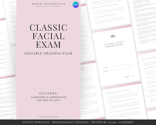 Promotional graphic for a digital Canva template product titled 'Classic Facial Exam' by Beauty Masterclass. The image shows a pink cover page in the foreground with several white document pages fanned behind it, all featuring soft pink headers and black text.