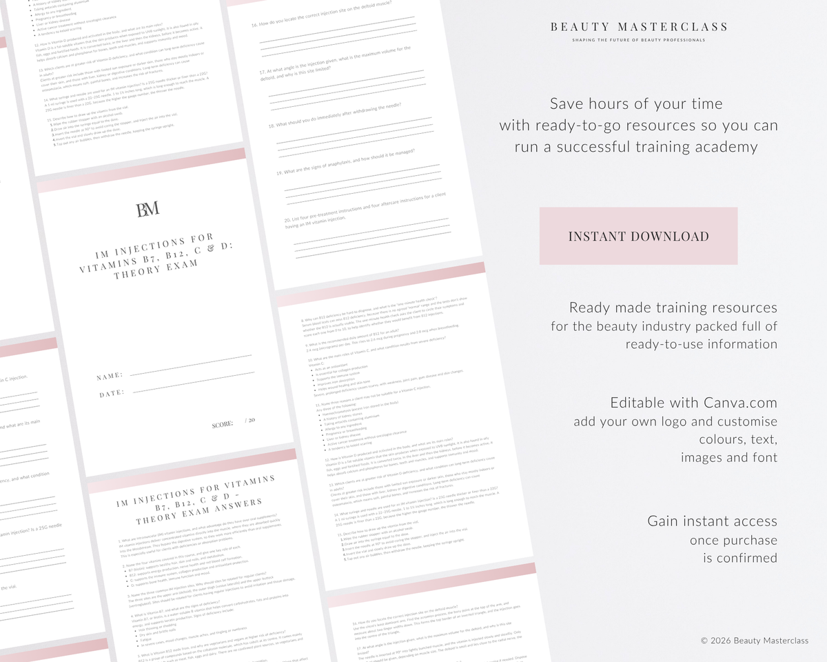 IM Injections for Vitamins: B7, B12, C & D Aesthetic Editable Theory Exam