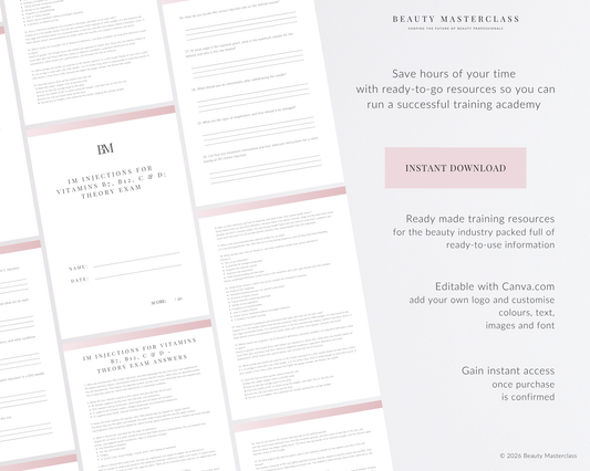 IM Injections for Vitamins: B7, B12, C & D Aesthetic Editable Theory Exam