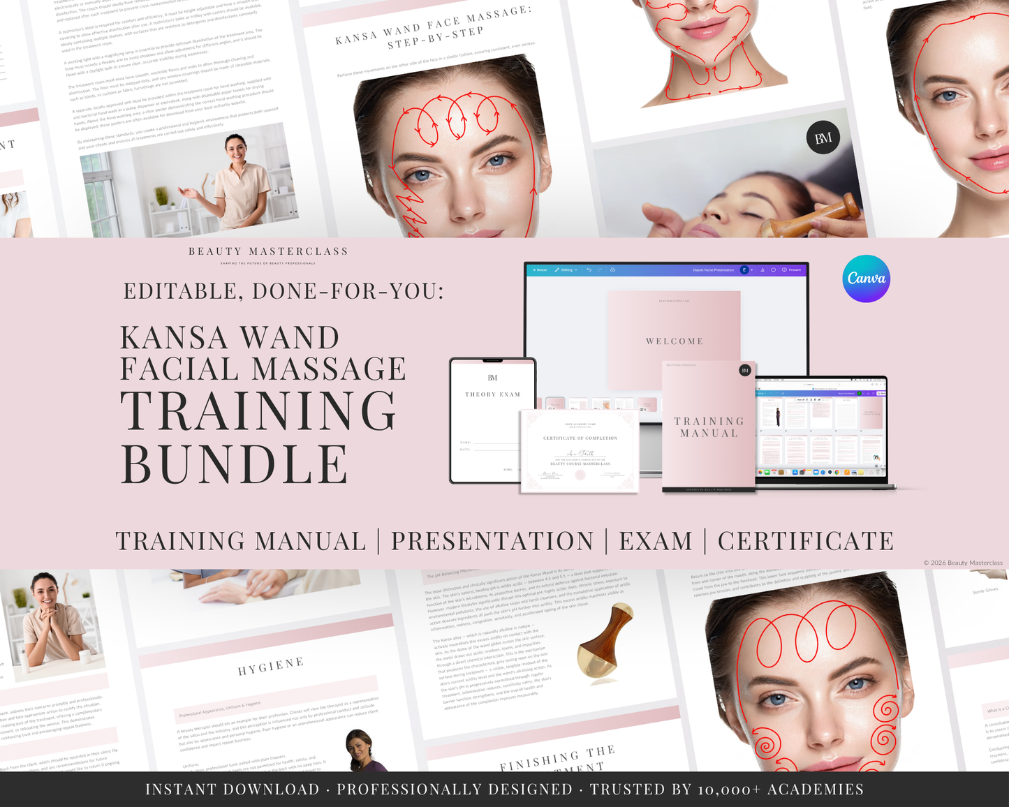 Promotional graphic for a digital training bundle titled 'Kansa Wand Facial Massage Training Bundle,' showing multiple mockup screens of a presentation, manual, exam, and certificate. The design uses a soft pink and white color scheme with close-up facial massage example photos along the top and bottom.