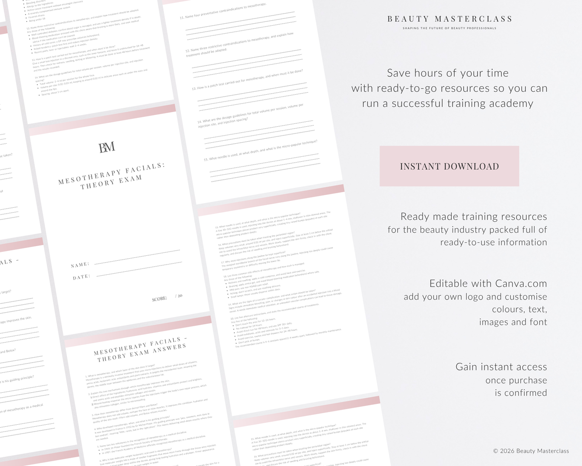 Mesotherapy Facials Aesthetic Editable Theory Exam