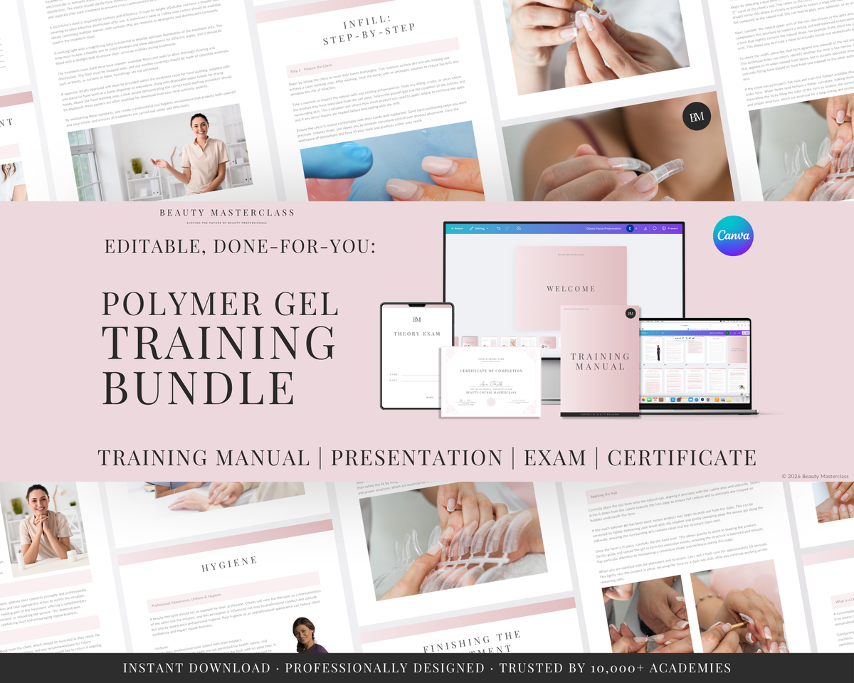 Promotional graphic for a digital 'Polymer Gel Training Bundle' featuring editable presentation, manual, exam, and certificate templates. The design uses a soft pink and white color scheme with mockups of digital screens displaying the templates, set against a collage of sample training slides.