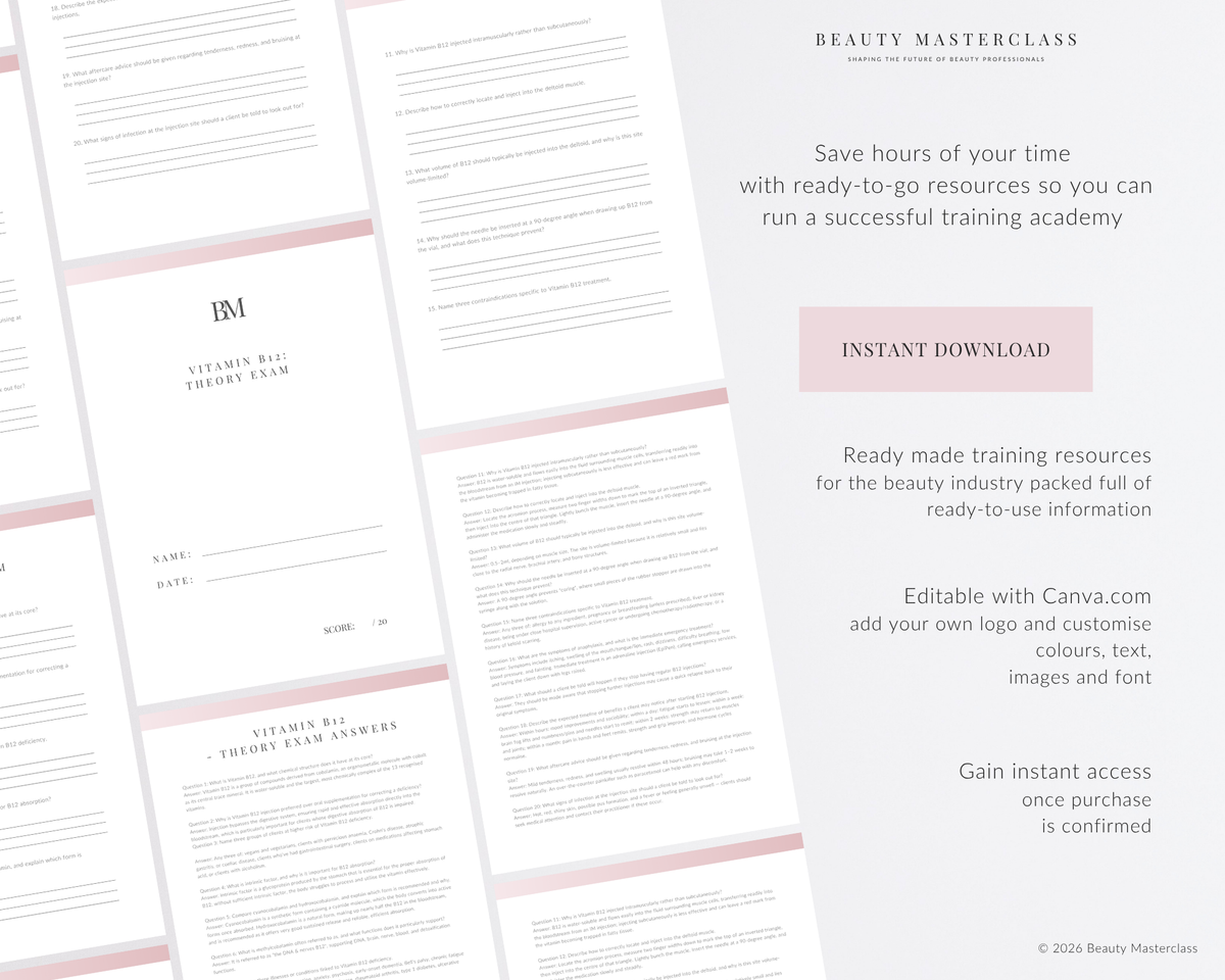 Vitamin B12 Injections Aesthetic Editable Theory Exam