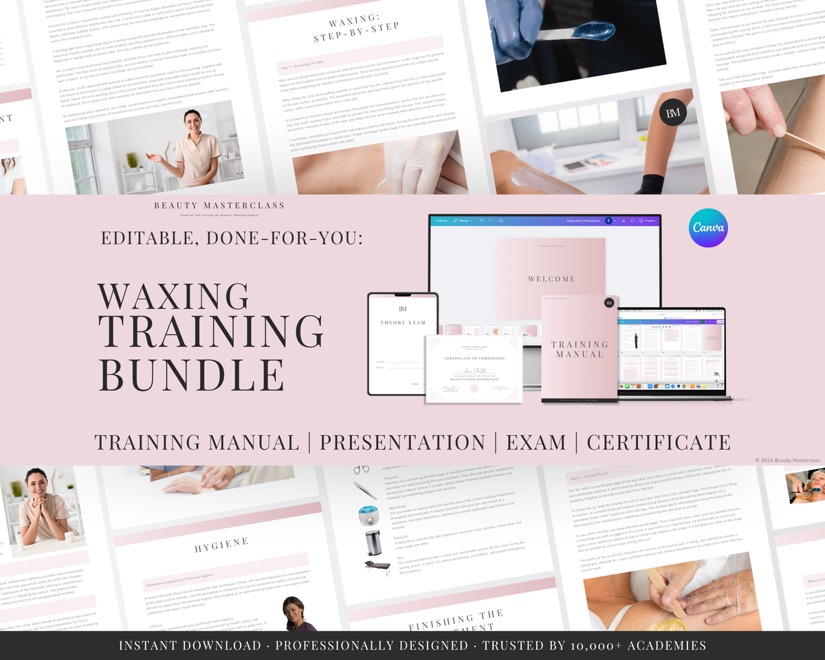 Promotional graphic for a digital 'Waxing Training Bundle' including a presentation, manual, exam, and certificate. The design features a soft pink and white color scheme with mockups of digital screens displaying the course materials, set against a collage of sample training slides.